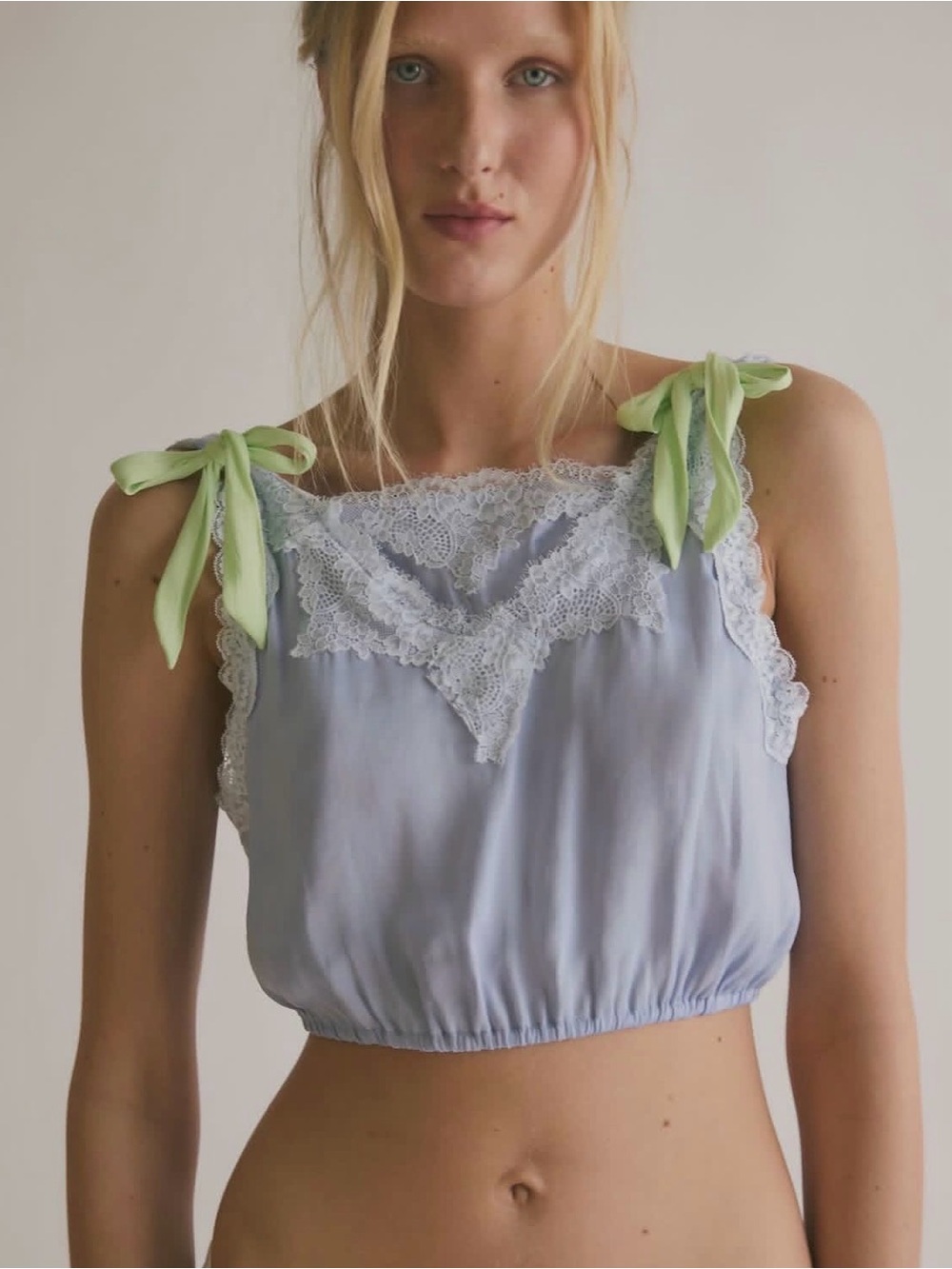 Free People Intimately Lace Silky Blue Top with Green Ties